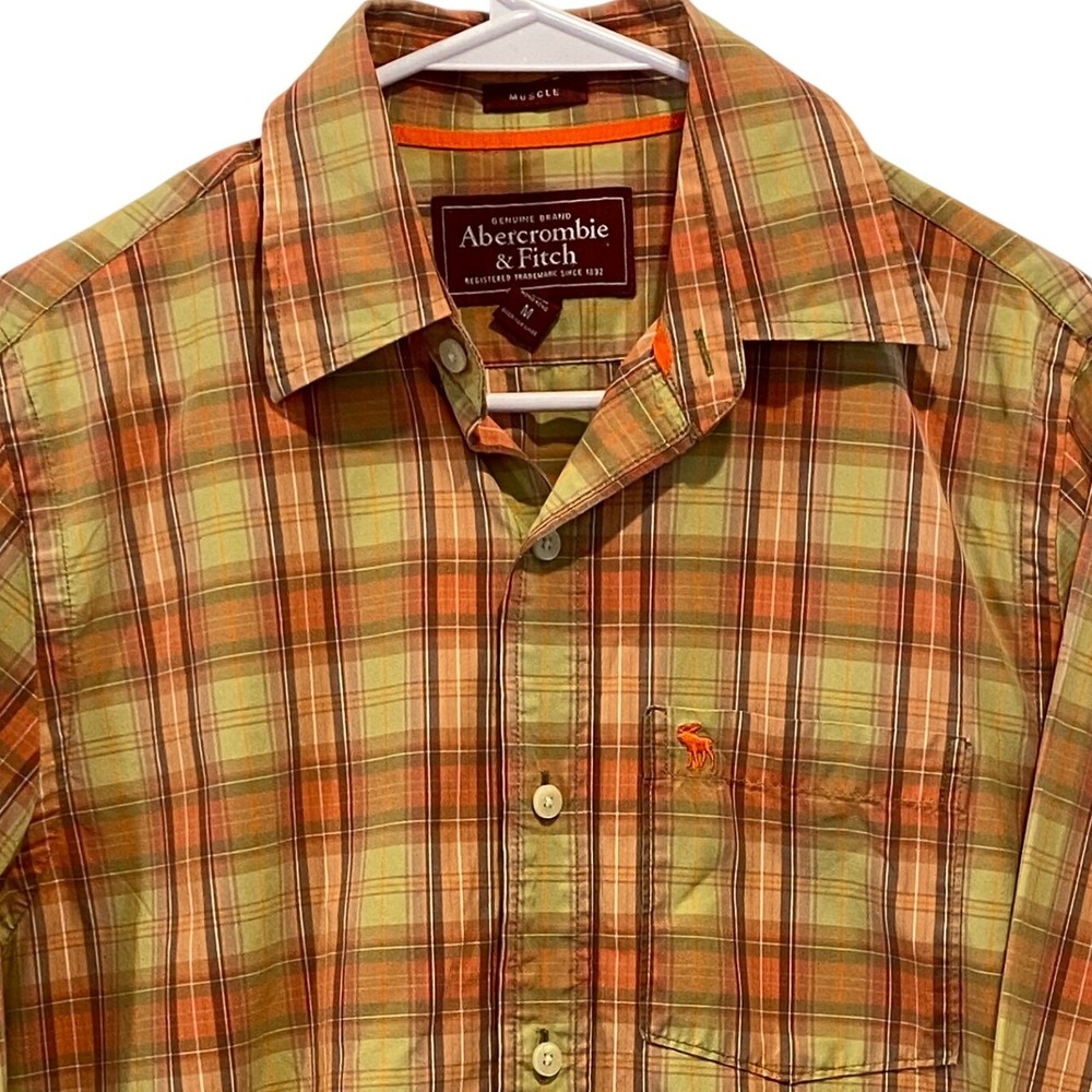Abercrombie & Fitch Mens Medium Muscle Plaid Button Down Shirt Orange Gorpcore